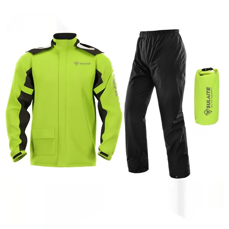 Motorcycle waterproof rain suit set showing raincoat, rain trousers, hidden shoe covers and storage bag