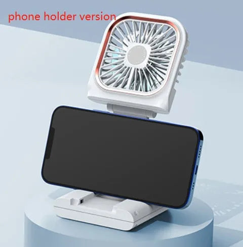 Hands-free wearable neck fan with dual fans and USB charging cable in multiple colours.