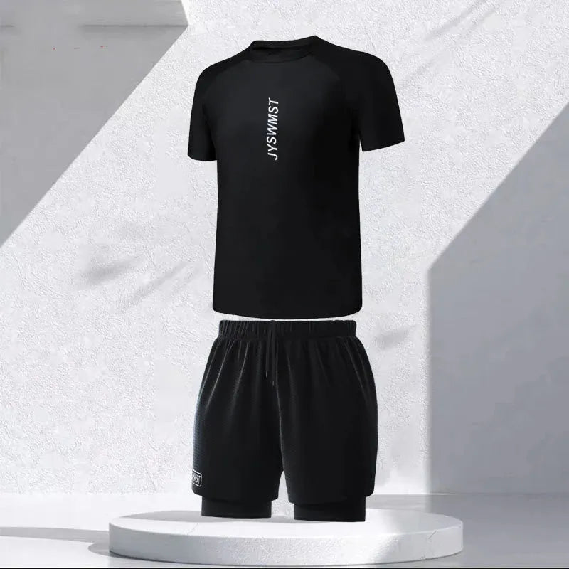 Men's plus size swimming set featuring a rash guard top and matching swim shorts on a grey background.