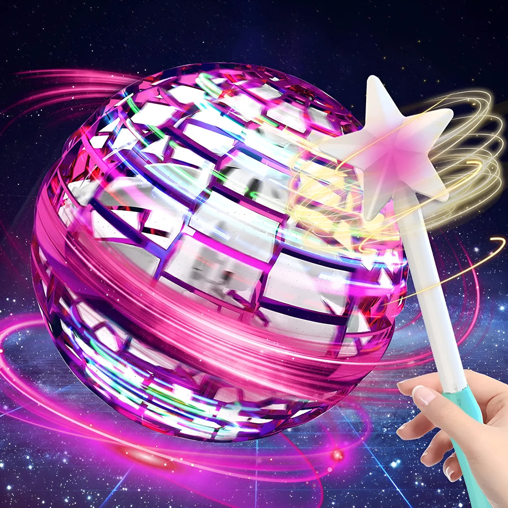 Blue spinning flying ball toy with LED lights hovering above a child's hand, with a magic wand accessory.