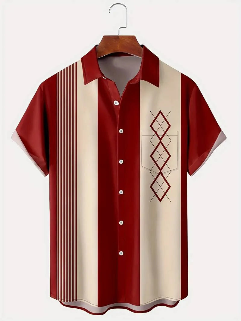 Man wearing a loose-fit contrast plaid short sleeve shirt in cardigan style.