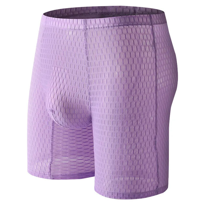 Men's lace boxer underwear in light purple on a grey background, showing the lengthened hip lift design.