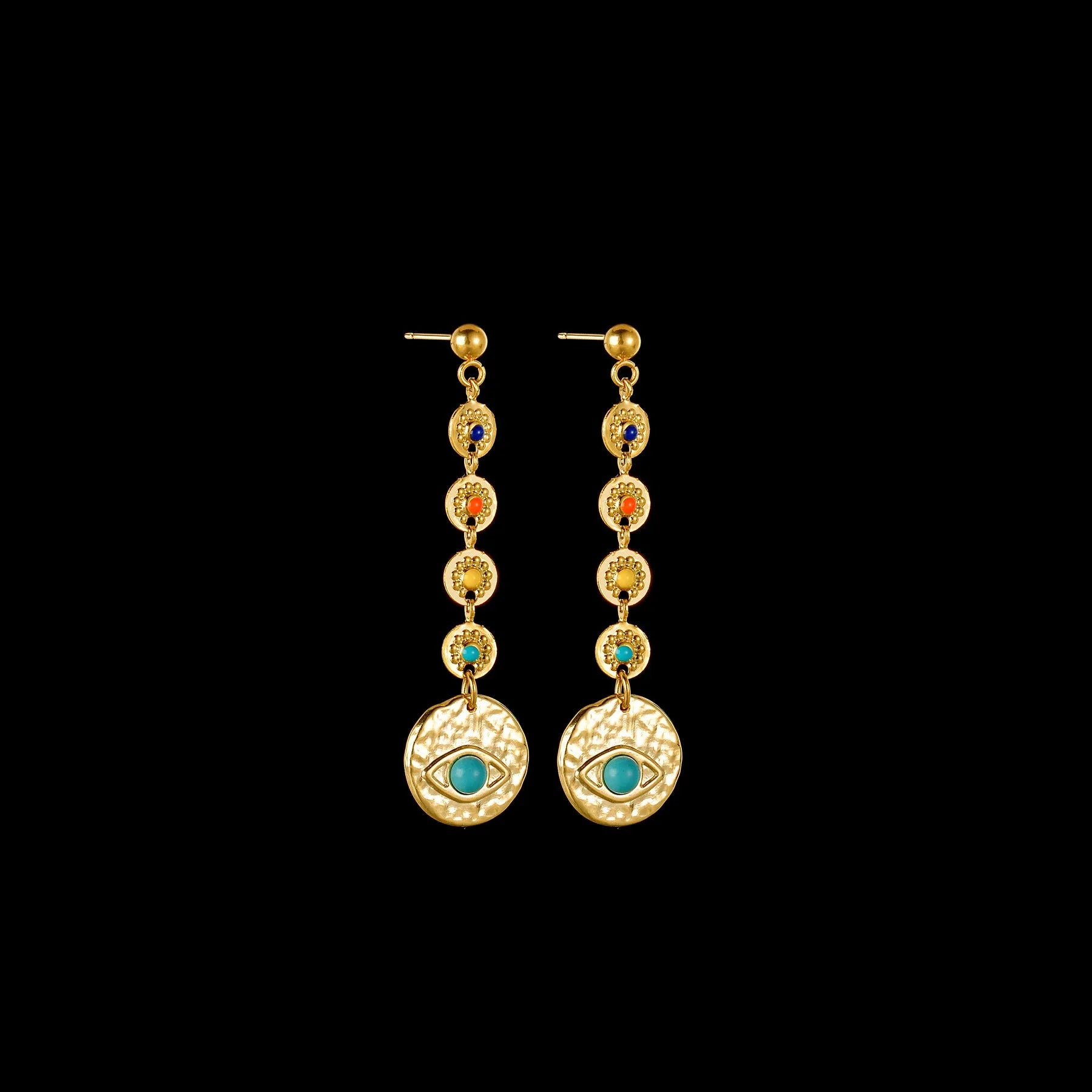 Stainless steel geometric drop earrings showing eight-awn star, eye, and shell sun designs in silver tone