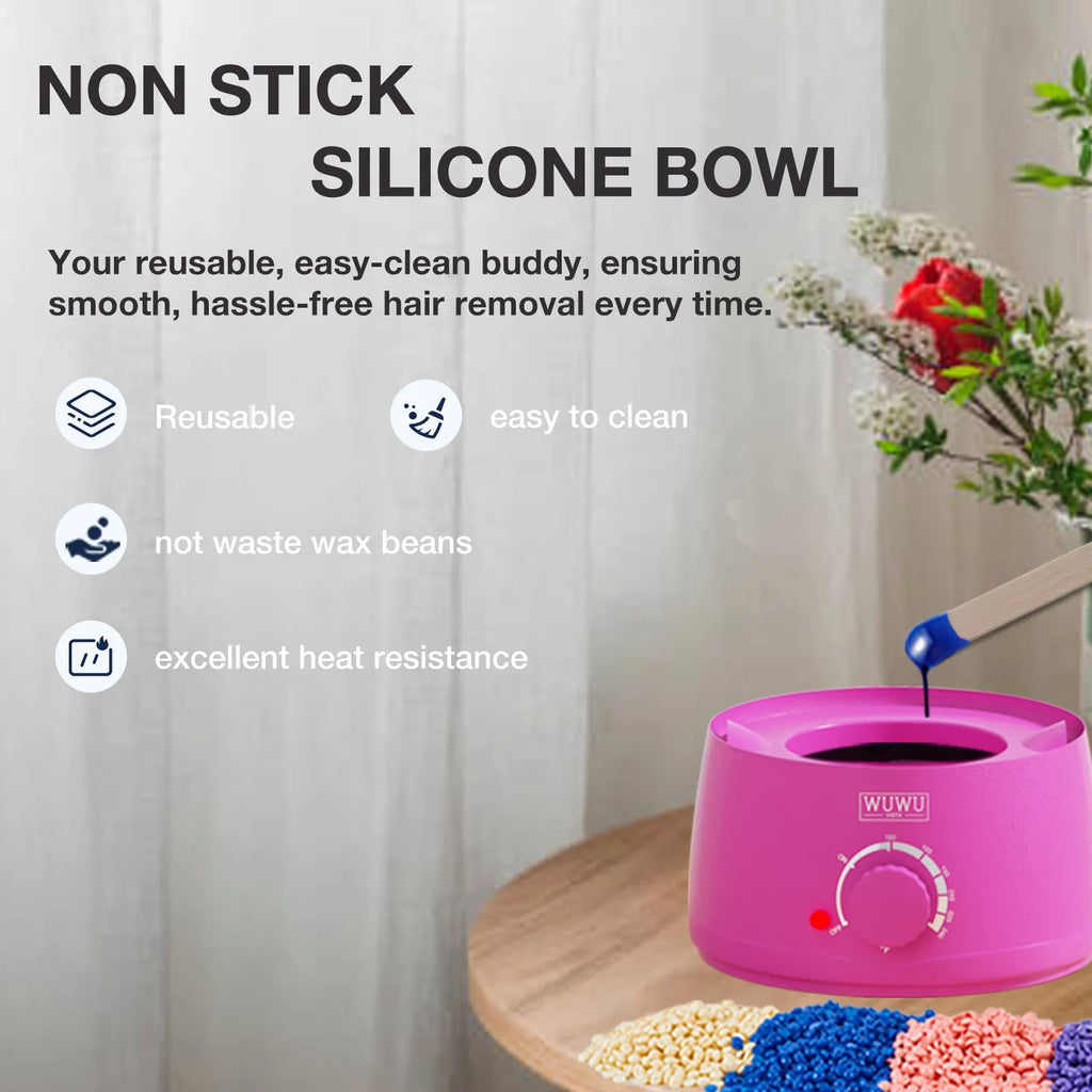 Professional waxing kit with wax warmer, five types of hard wax beans, application sticks, and post-epilation products.