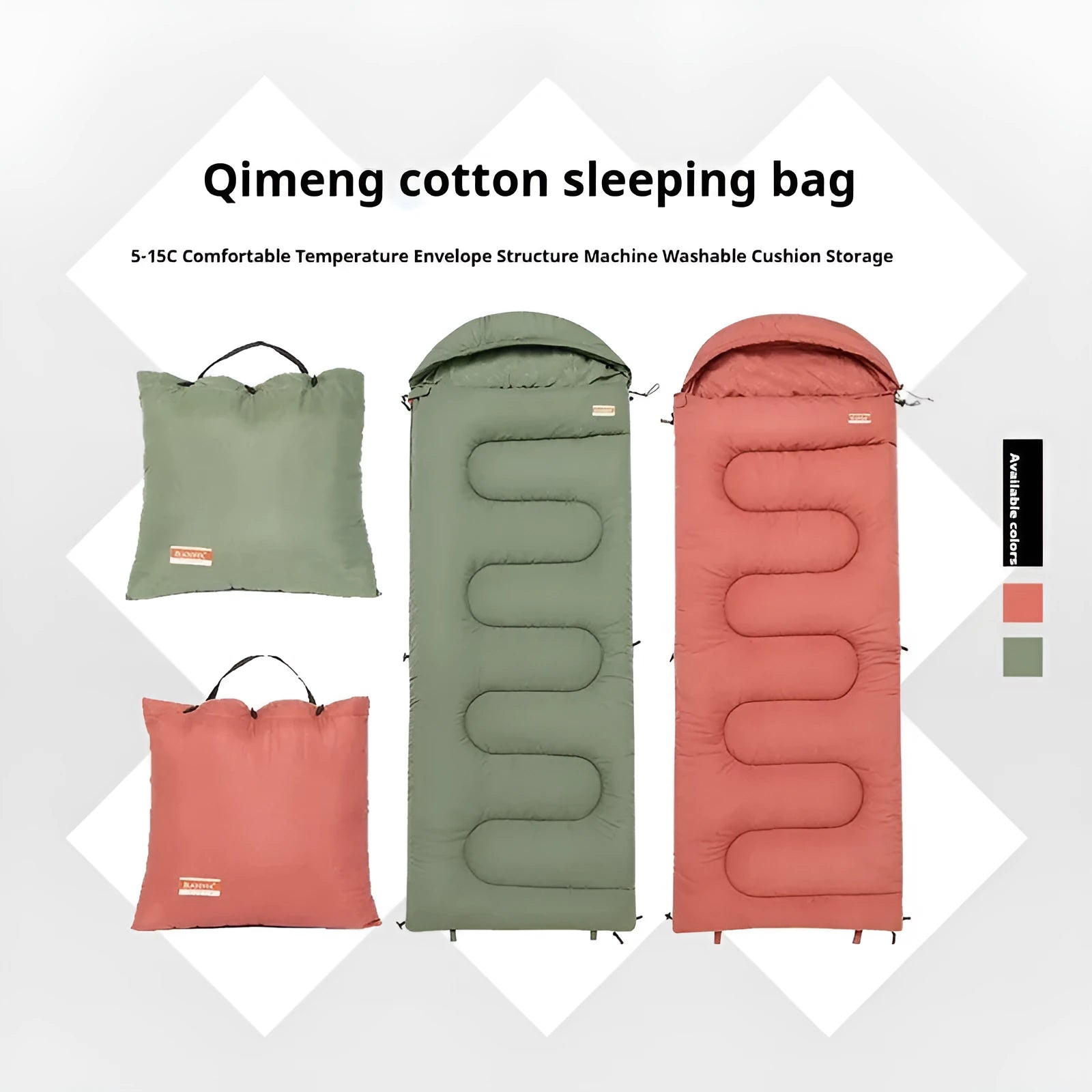Cotton camping sleeping bag quilt in ochre or olive green colour, lightweight cold-proof design