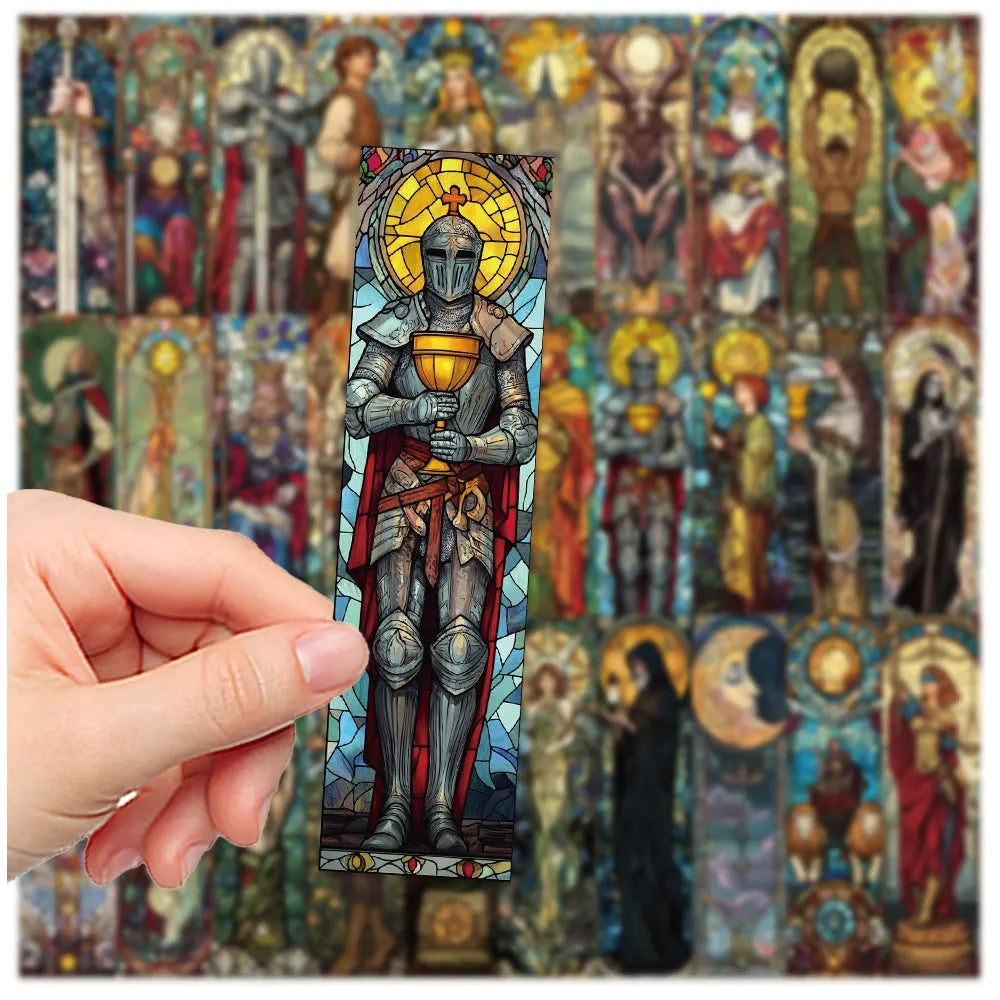 Pack of 30 tarot-themed paper bookmarks with painted glass style artwork.