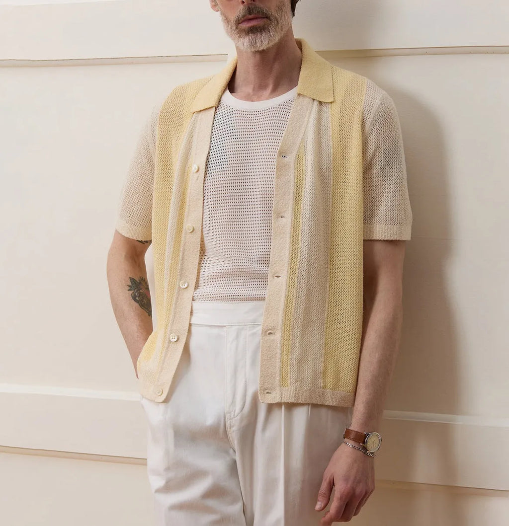Yellow casual polo shirt with hollow-out design and asymmetric hem, short sleeves, Tencel fabric