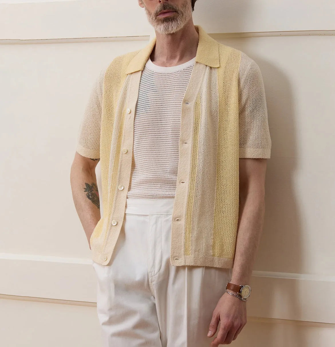 Yellow casual polo shirt with hollow-out design and asymmetric hem, short sleeves, Tencel fabric