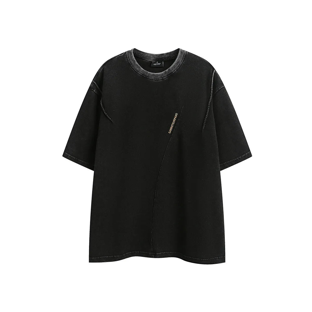 Purple and black loose-fit short-sleeved cotton t-shirt with embroidered retro design on a washed fabric.