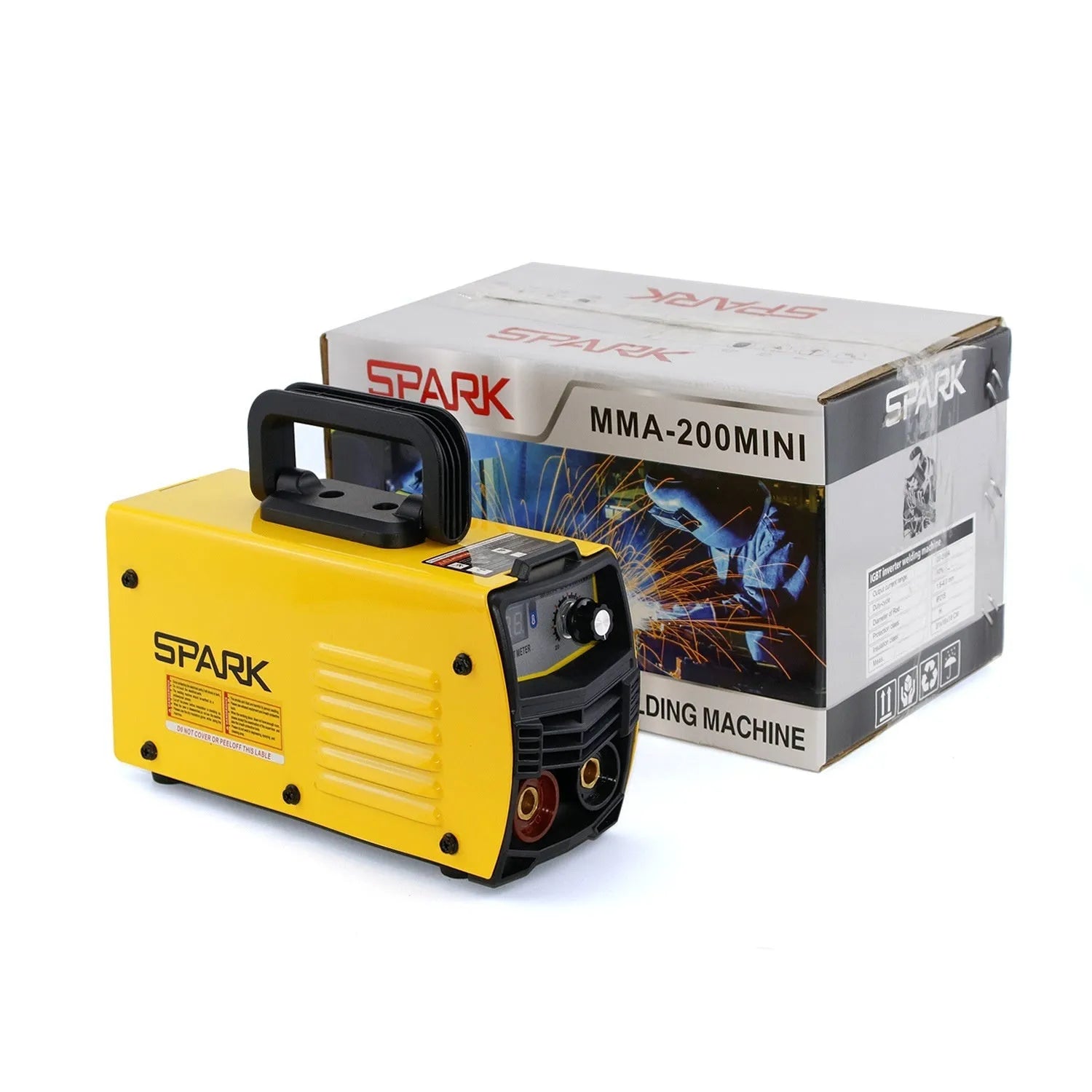 MMA-200MIN 220V DC welding machine with welding tongs, grounding clamps, face shield, and brush hangers