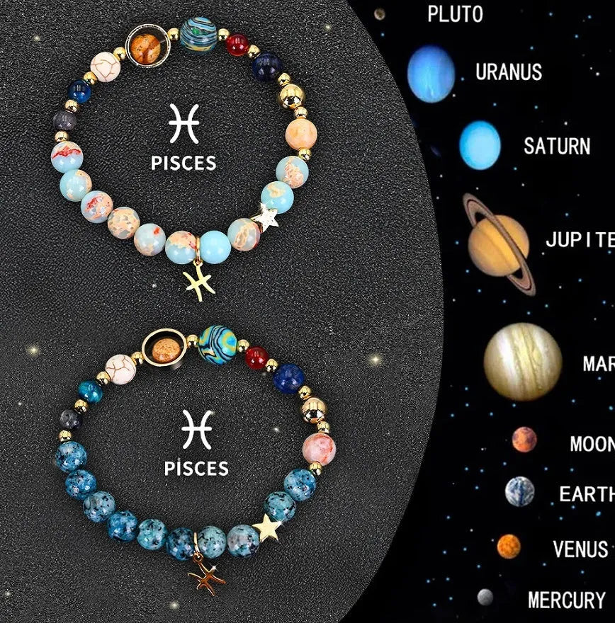 Set of two natural stone beaded bracelets for zodiac signs on a dark background.