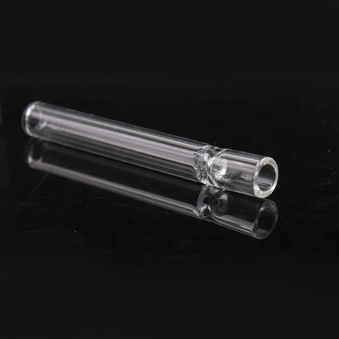 Straight transparent glass telescopic smoke pipe nozzle on a plain background.