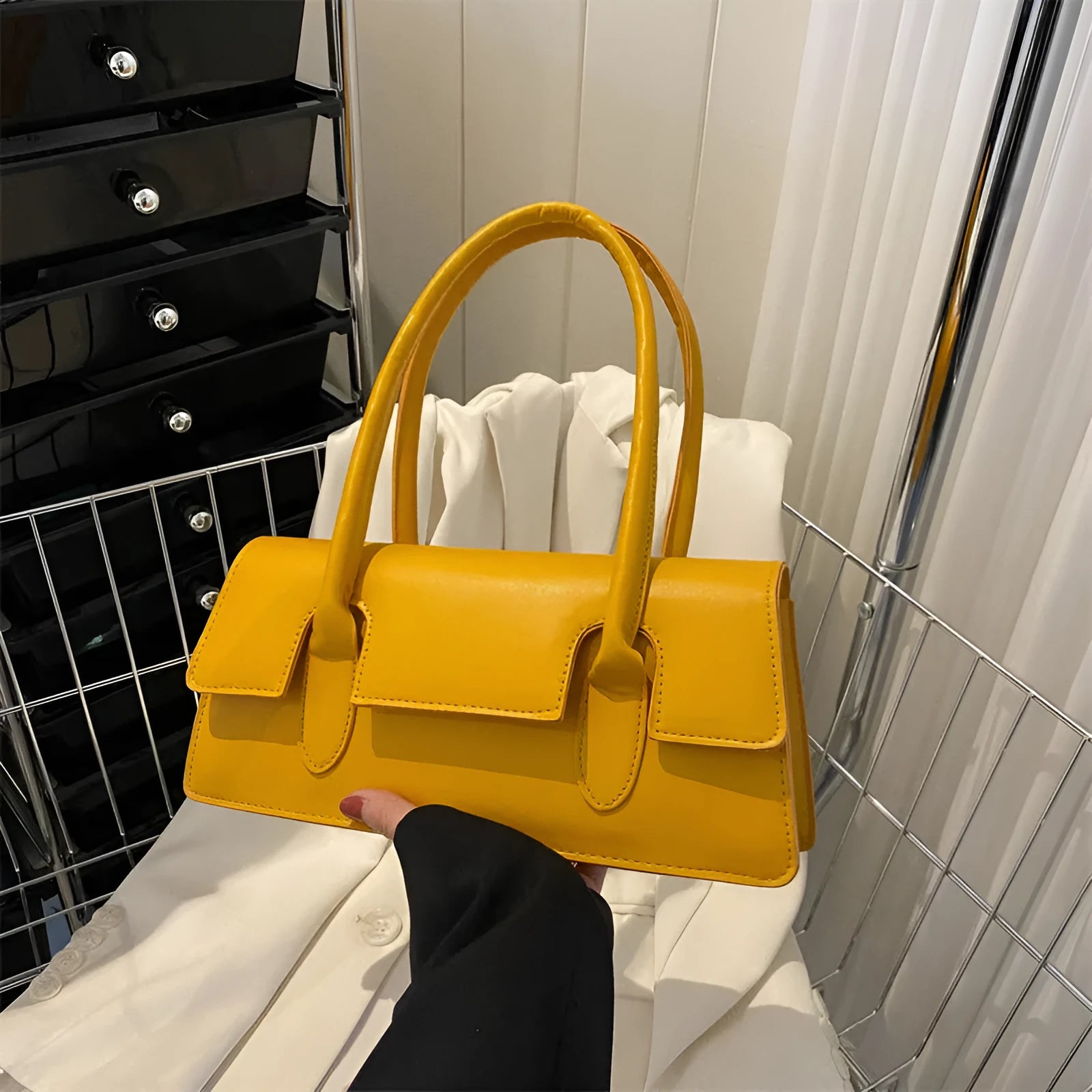 PU women's small square shoulder bag in horizontal rectangular shape with stitching details
