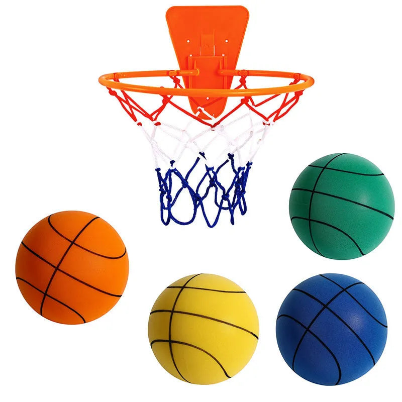 Silent foam basketball training ball in assorted bright colours with basketball hoop