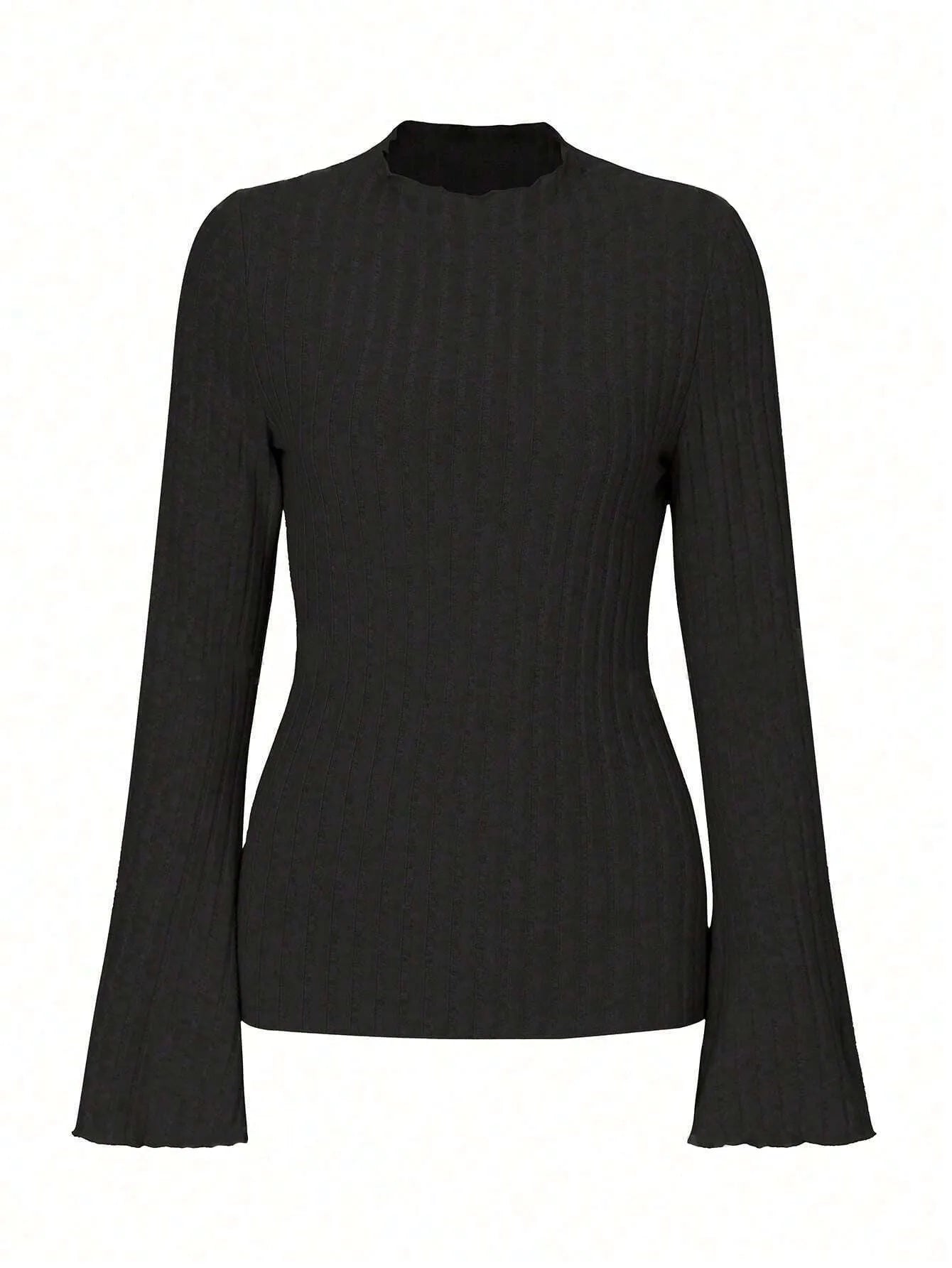 Men's slim fit long sleeve top in black with sunk stripe pattern and lantern sleeves