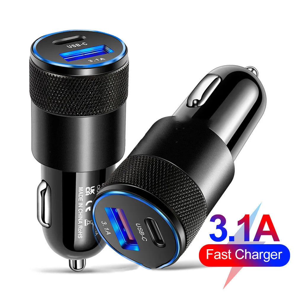 Aluminium alloy mobile phone car charger showing black finish with 12V input