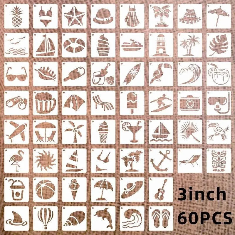 Milky white PET film hollow stencil sheets showing flower, animal, ocean, and letter designs for spray painting.