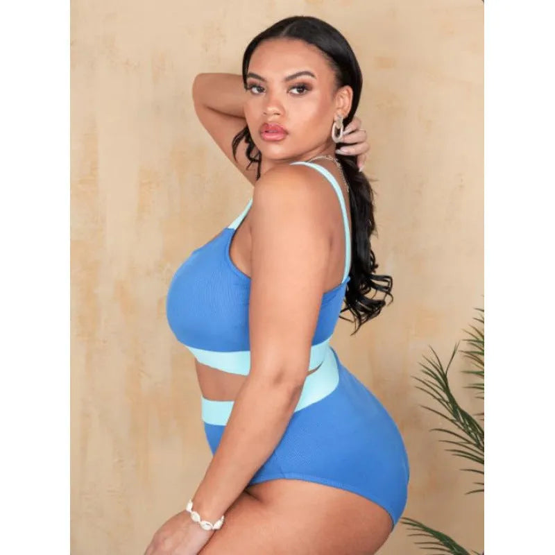 Solid colour high waist women's bikini swimsuit in polyester fabric on a model.