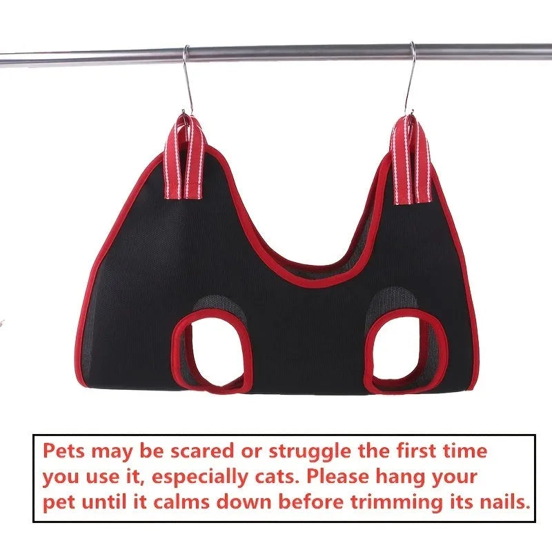 Pet grooming restraint hammock bag hanging system for nail trimming and bathing in four sizes