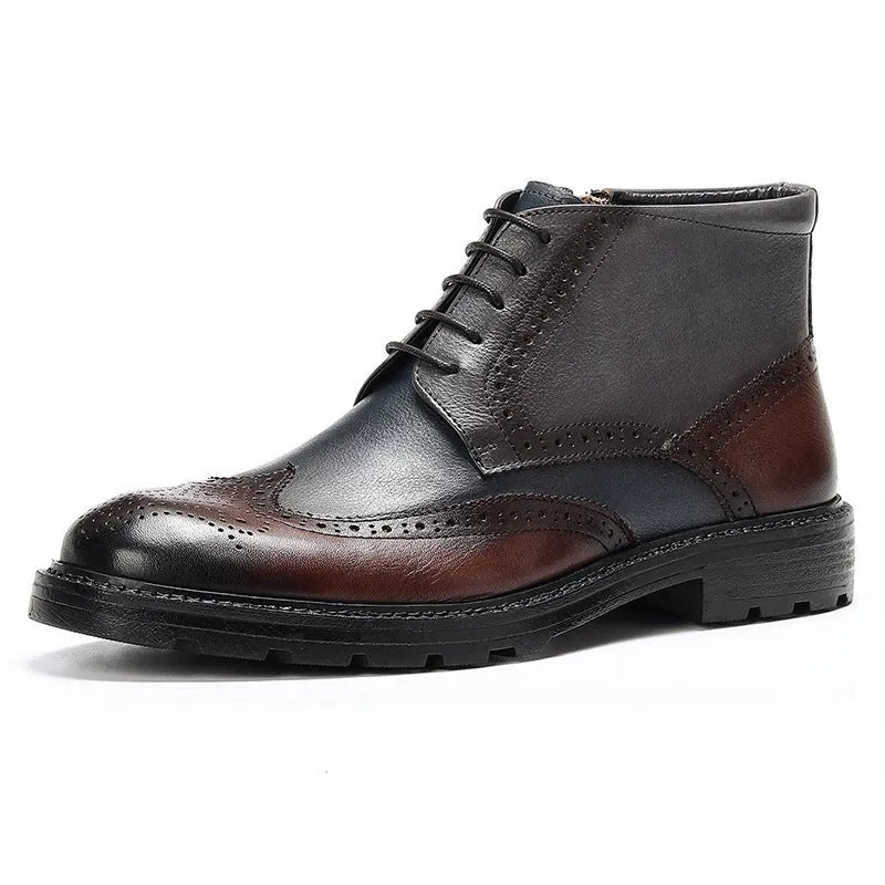Curry blue leather brogue boots with colour blocking and carved detailing