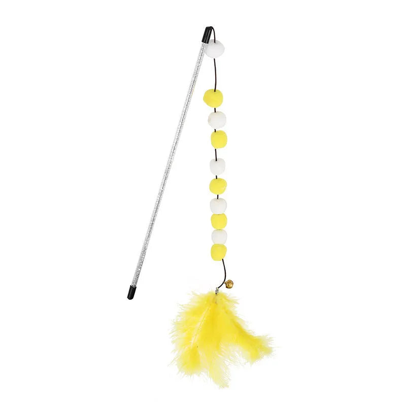 Grey and yellow cat teaser stick with a bell and a pompon feather, shown next to a blue and pink version.