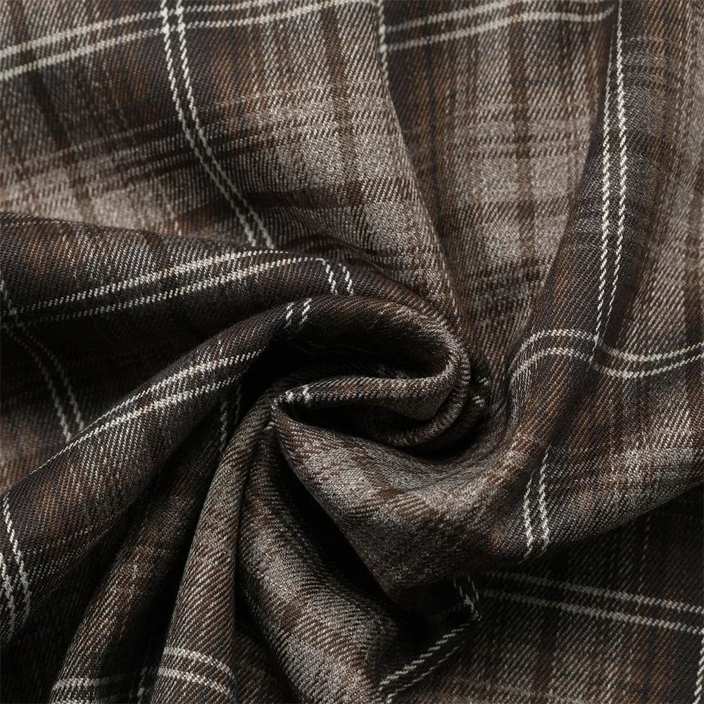 Men's black and brown embroidered plaid short sleeve shirt with lapel collar