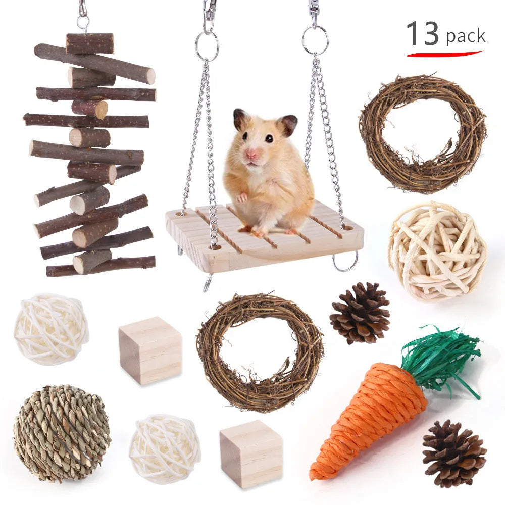 Assortment of wooden and natural fibre chewing toys for pet rabbits, guinea pigs, and parrots on a straw mat