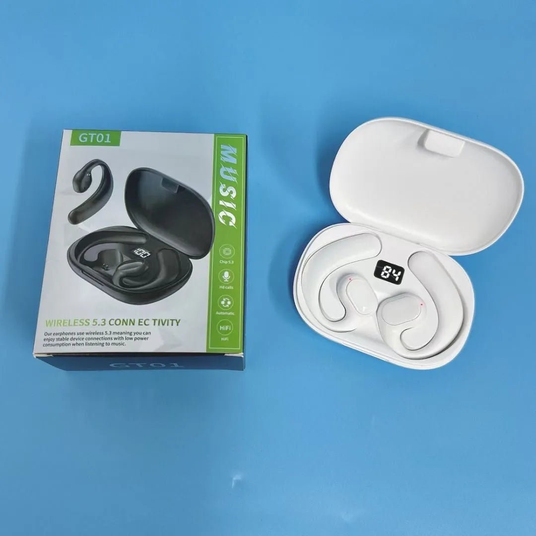 Black ear-mounted Bluetooth headset with digital display screen showing battery status