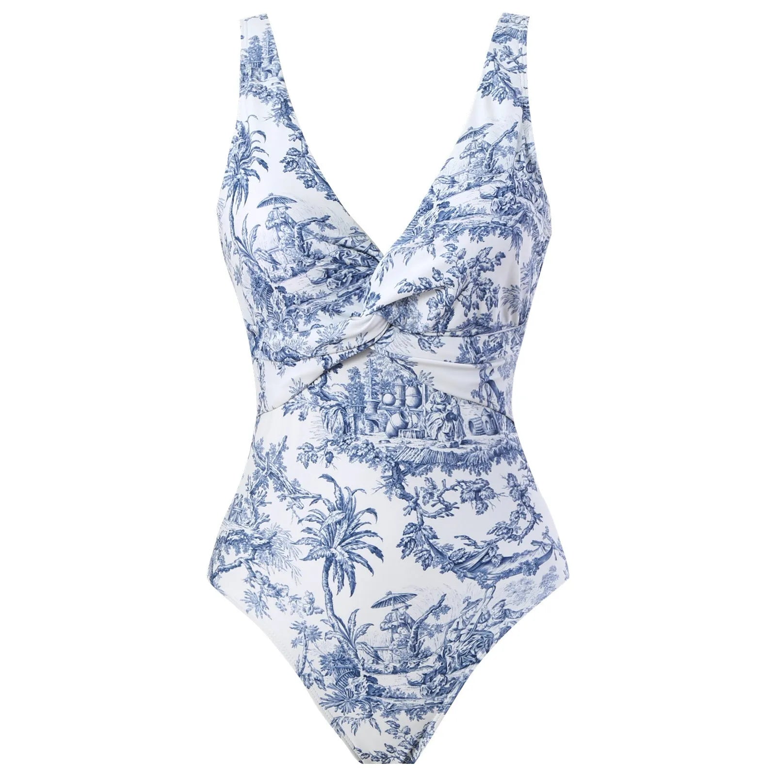 Women's conservative one-piece swimsuit with vintage floral print and short sleeves