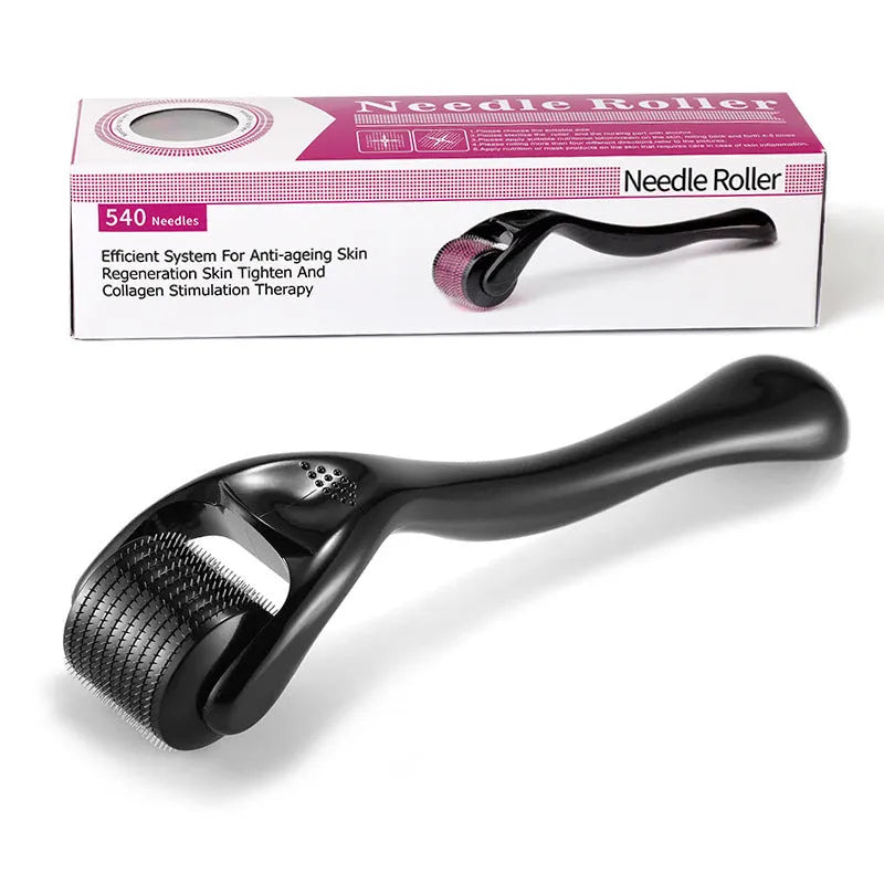 Black and purple derma rollers with titanium microneedles showing size options from 0.2mm to 1.0mm