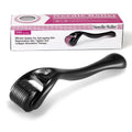 Black and purple derma rollers with titanium microneedles showing size options from 0.2mm to 1.0mm