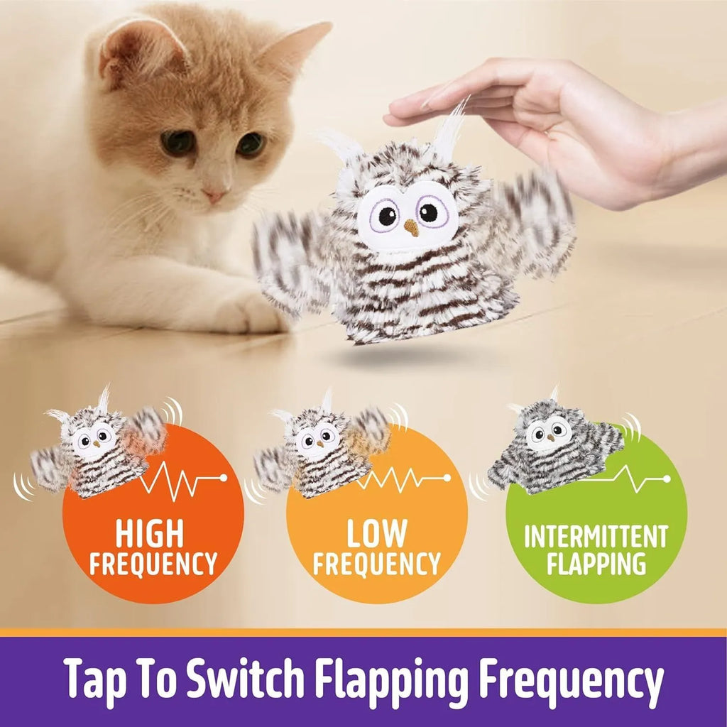 Grey interactive owl cat toy with flapping wings, 10x14cm rechargeable electronic toy for indoor cats