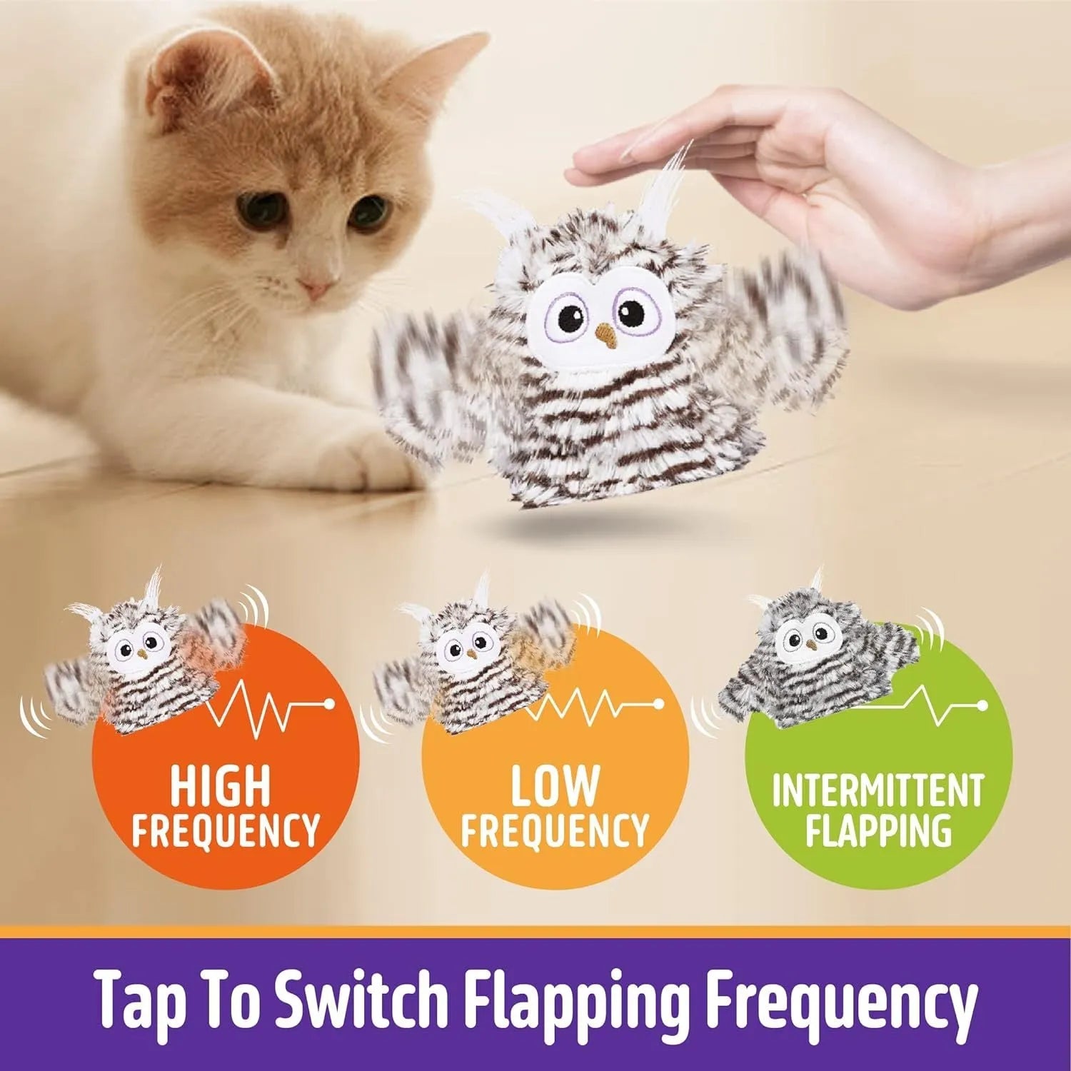 Grey interactive owl cat toy with flapping wings, 10x14cm rechargeable electronic toy for indoor cats