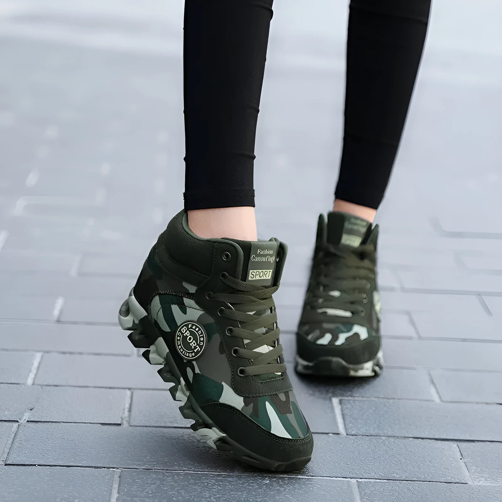 Green camouflage canvas women's trainers with rubber soles showing size range 35-42 EU