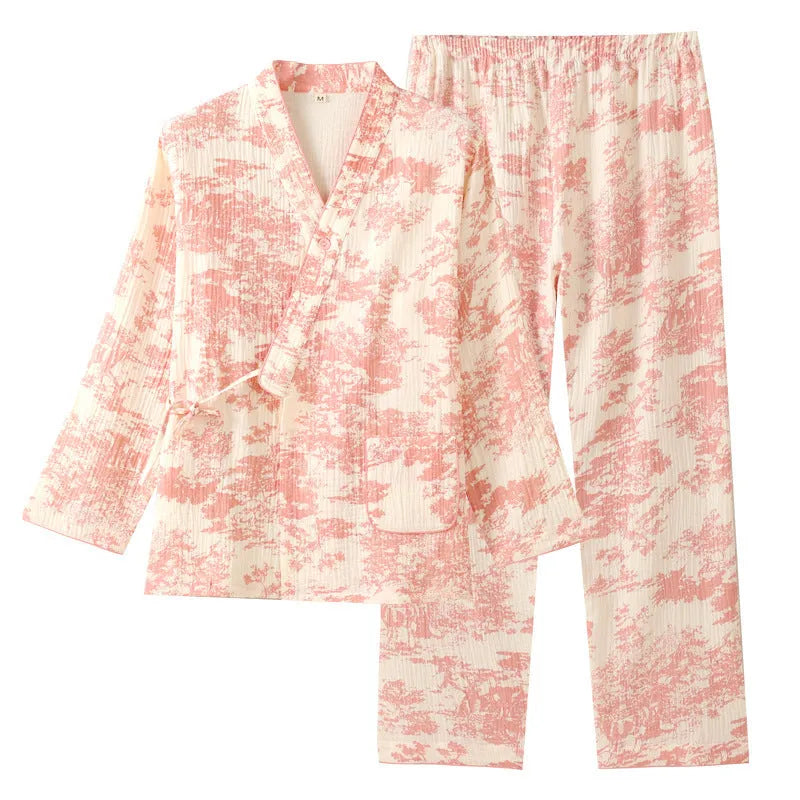 Women's blue cotton gauze two-piece suit with long sleeves and lace-up detail