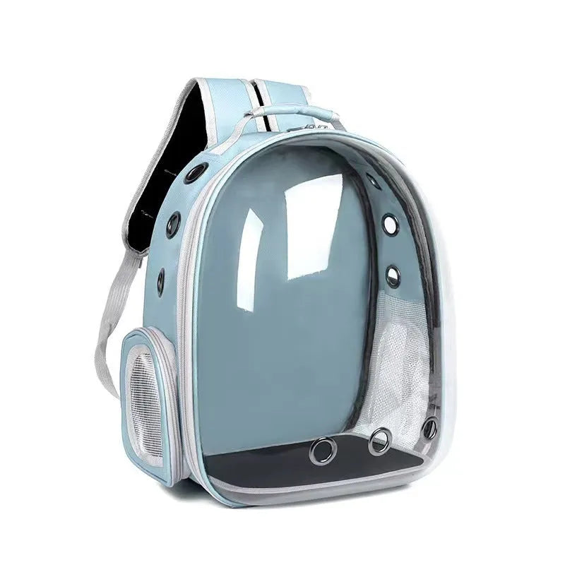 Grey PC astronaut-style pet carrier backpack with side-opening door for a cat.