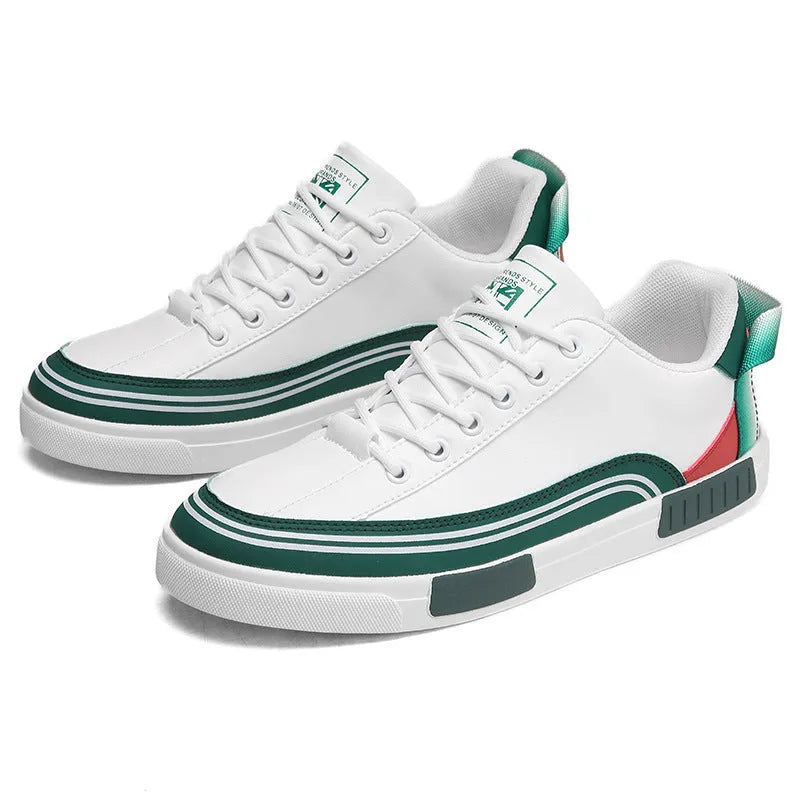 Men's beige white and green canvas mesh shoes with flat heel and round toe design