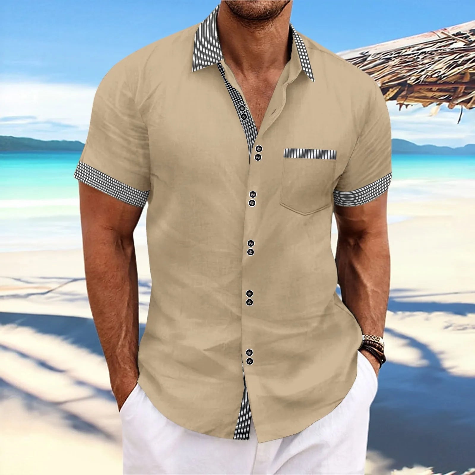 Striped double button short sleeve casual shirt in pure cotton with slim fit styling