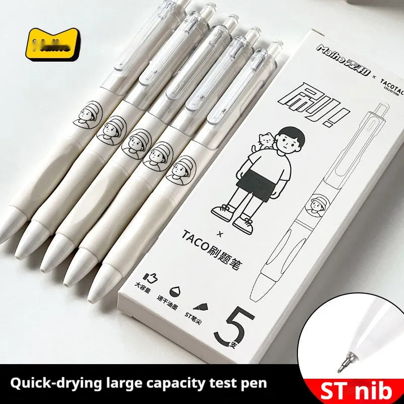Five white and black plastic ballpoint pens with 0.5mm tips for writing
