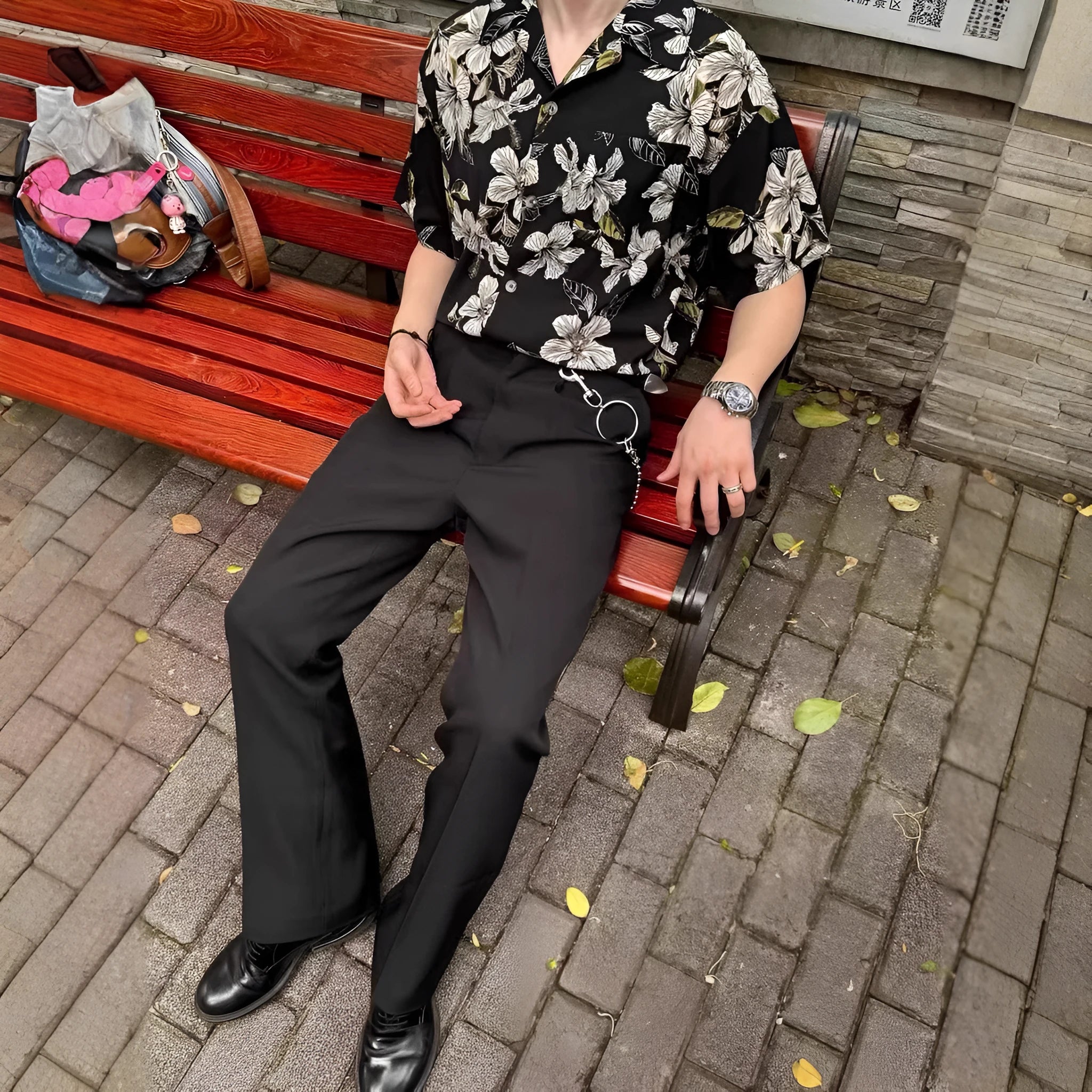 Black floral print men's shirt with vintage Cuban collar and short sleeves