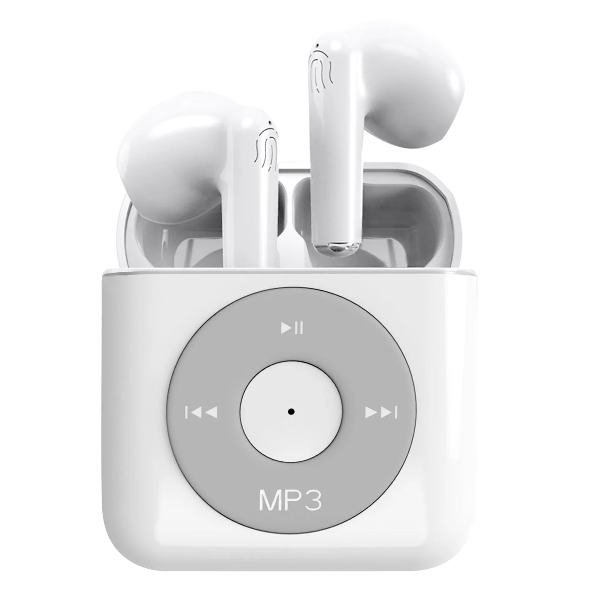 White wireless Bluetooth semi in-ear earphones with a matching charging case on a white background.