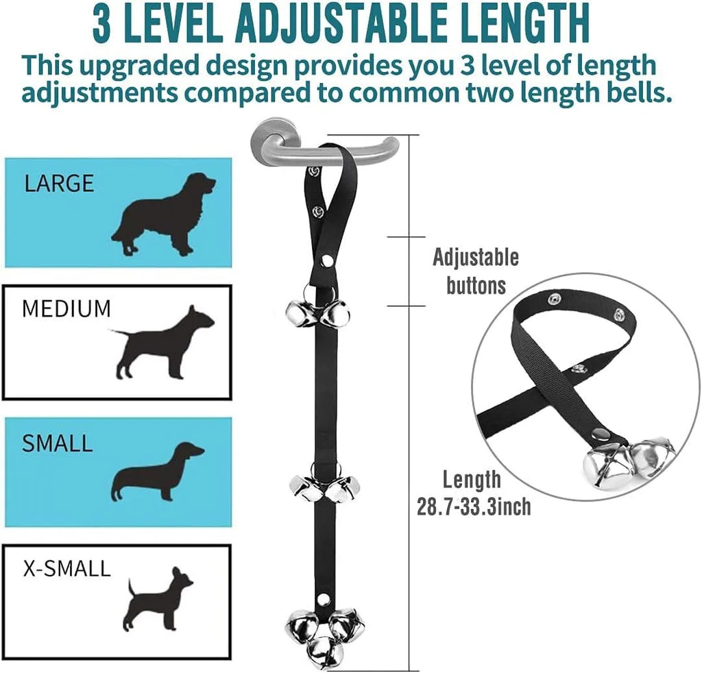 Adjustable dog training doorbell with seven silver metal bells on a heavy-duty nylon strap