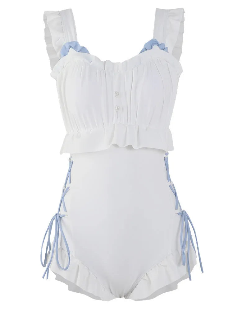 Milky White women's backless one-piece swimsuit on a hanger