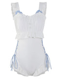 Milky White women's backless one-piece swimsuit on a hanger