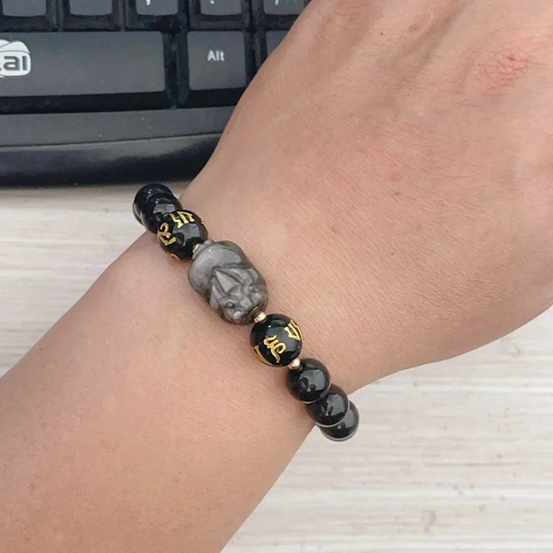 Silverstone beaded bracelet for men with engraved Six Words Proverbs, Chinese style design.