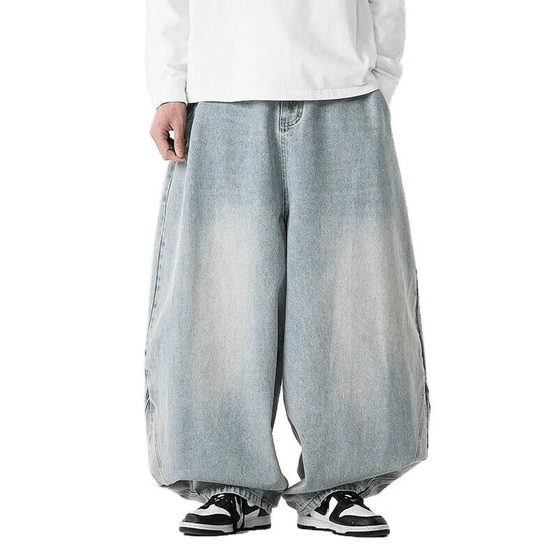 Men's plus size wide leg baggy jeans in black denim with straight leg openings