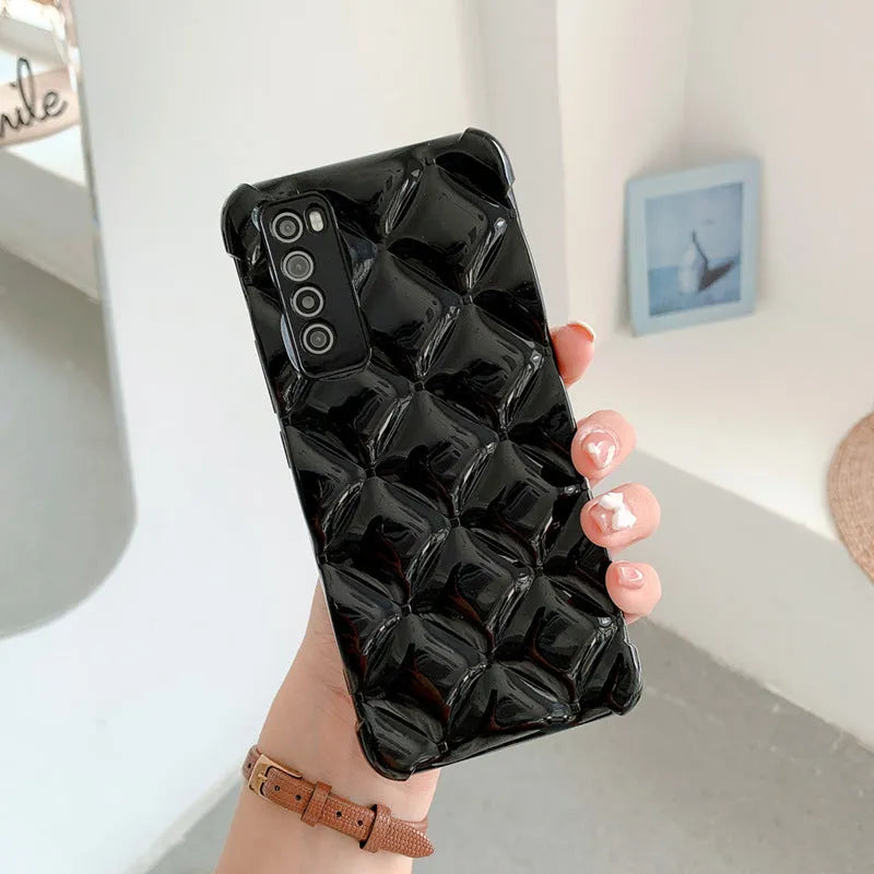 Silicone diamond pattern phone case for Huawei models in black, green, pink or white.