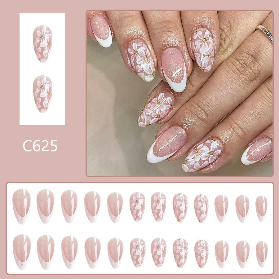 Short almond French style nails with glitter powder flower design in C625 colour
