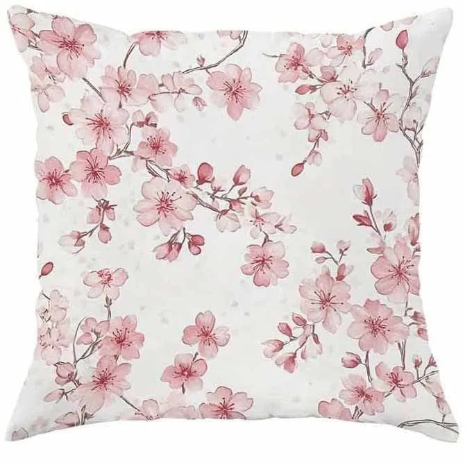 Short velvet square cushion cover with cherry blossom letter print, shown in one of four colour options.