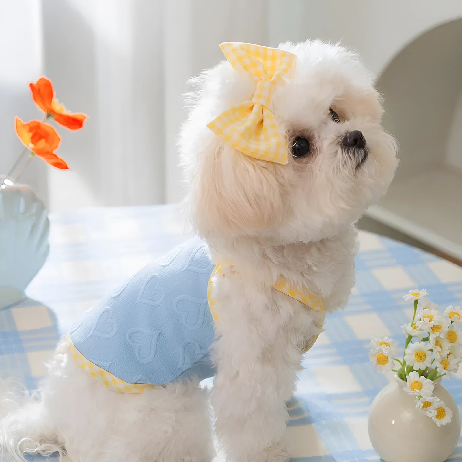 Small dog wearing heart texture elastic vest with bow suspenders in Bondi Blue colour
